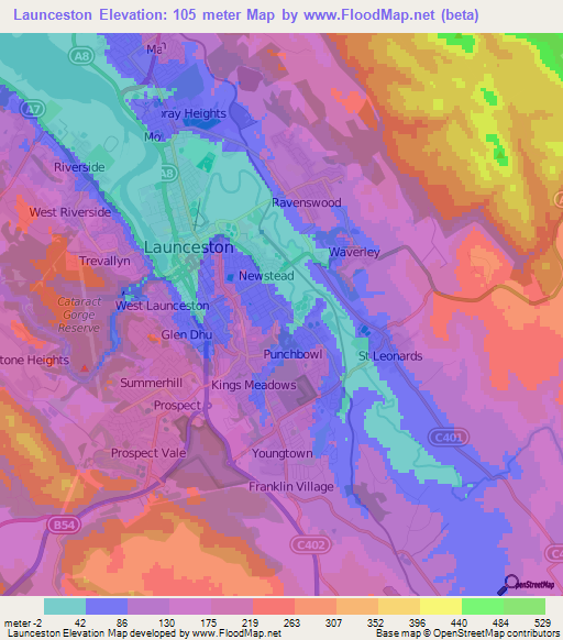 Launceston,Australia Elevation Map