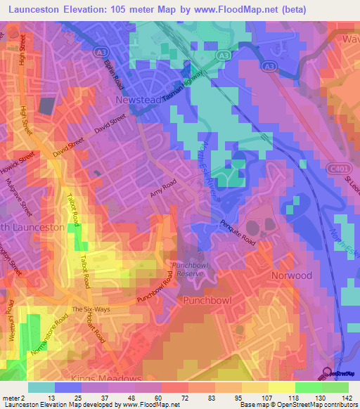Launceston,Australia Elevation Map