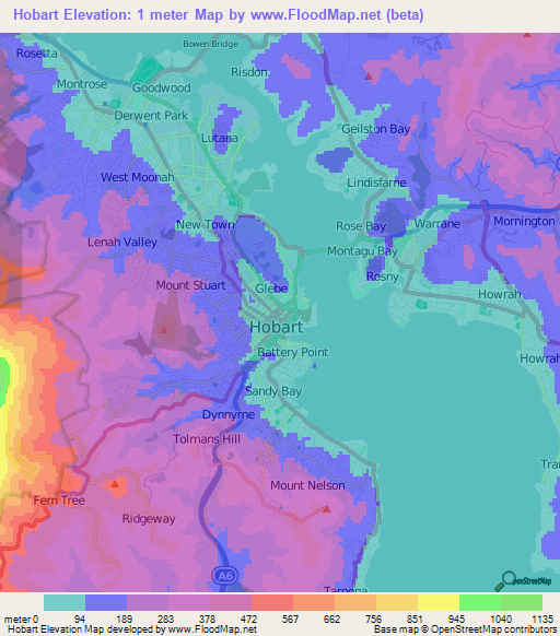 Hobart,Australia Elevation Map