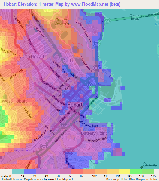 Hobart,Australia Elevation Map