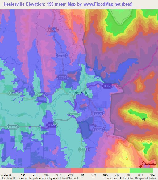 Healesville,Australia Elevation Map