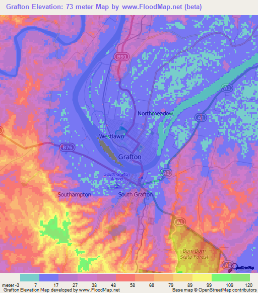 Grafton,Australia Elevation Map