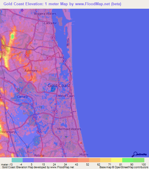 Gold Coast,Australia Elevation Map