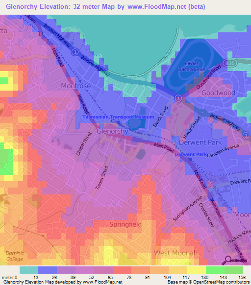Glenorchy,Australia Elevation Map