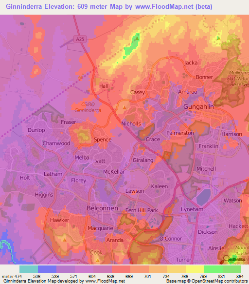 Ginninderra,Australia Elevation Map
