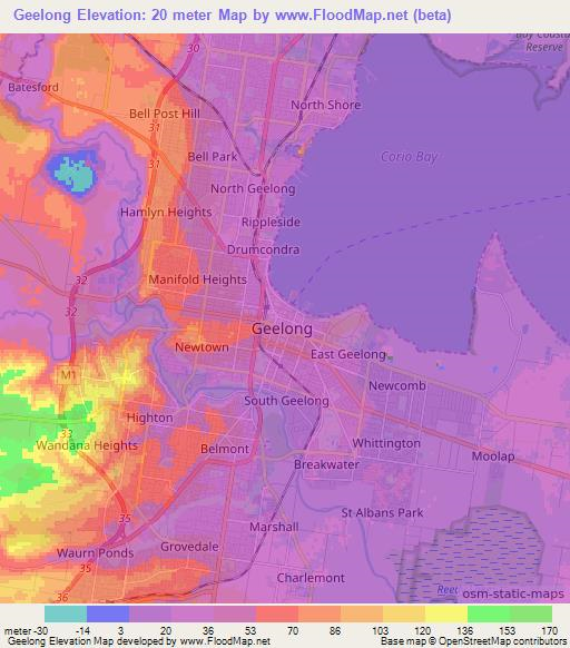 Geelong,Australia Elevation Map