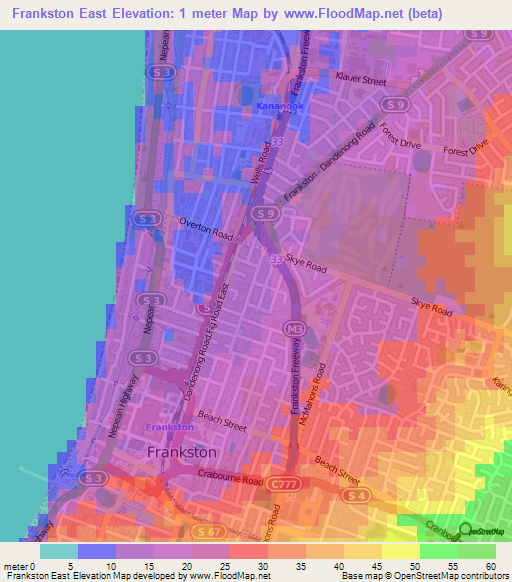 Frankston East,Australia Elevation Map