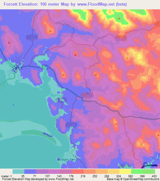 Forcett,Australia Elevation Map