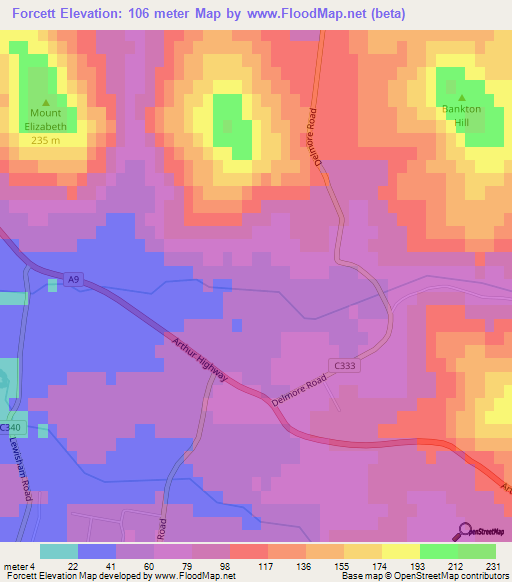 Forcett,Australia Elevation Map