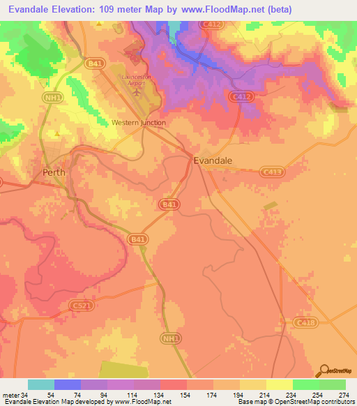 Evandale,Australia Elevation Map