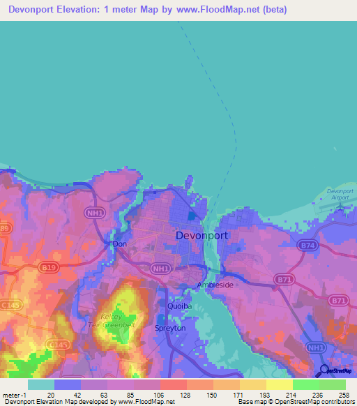 Devonport,Australia Elevation Map