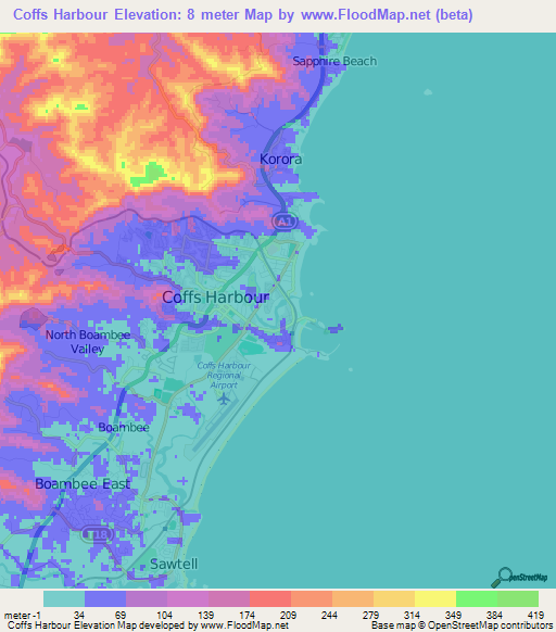 Coffs Harbour,Australia Elevation Map