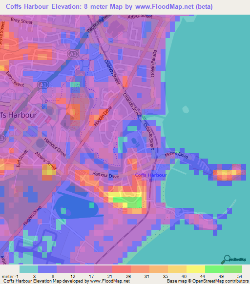 Coffs Harbour,Australia Elevation Map