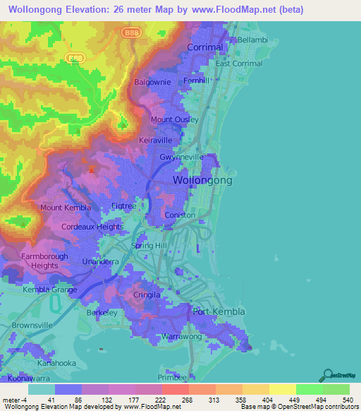 Wollongong,Australia Elevation Map