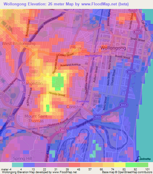 Wollongong,Australia Elevation Map
