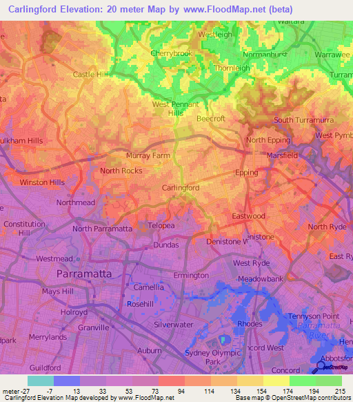 Carlingford,Australia Elevation Map
