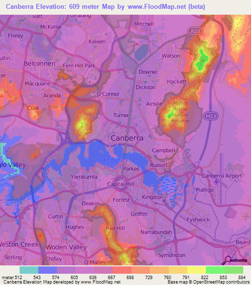 Canberra,Australia Elevation Map