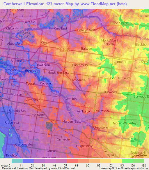 Camberwell,Australia Elevation Map