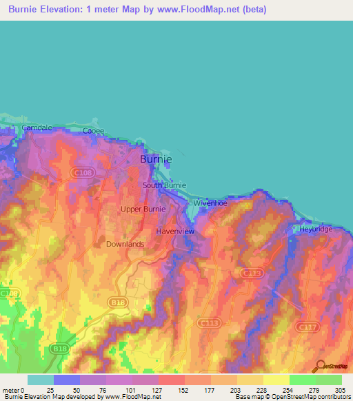 Burnie,Australia Elevation Map
