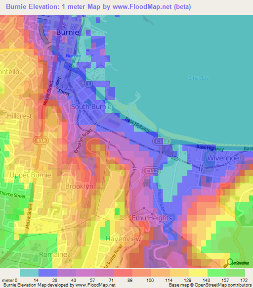 Burnie,Australia Elevation Map