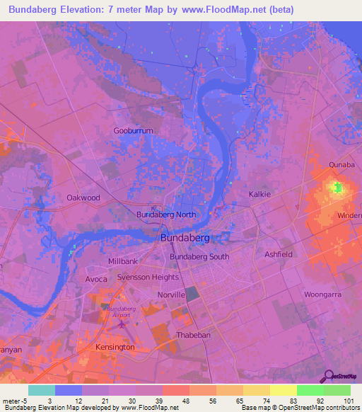 Bundaberg,Australia Elevation Map