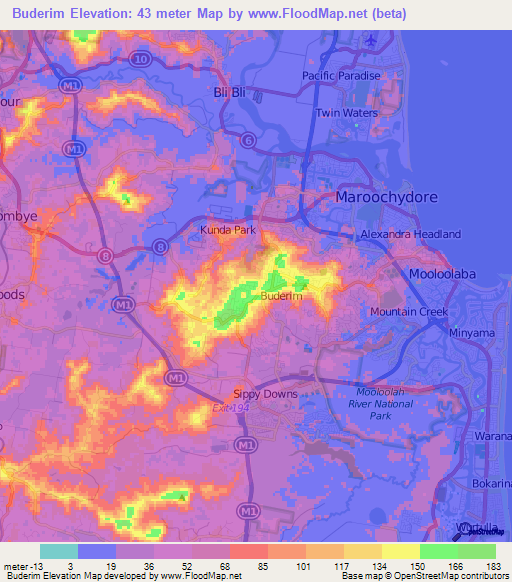 Buderim,Australia Elevation Map