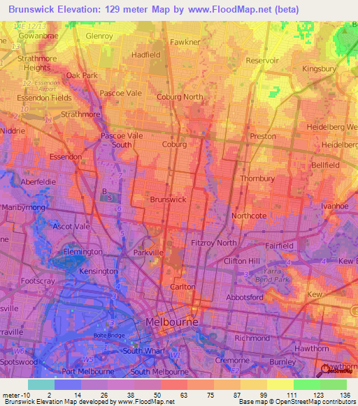Brunswick,Australia Elevation Map