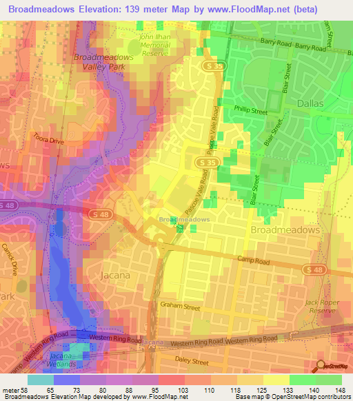 Broadmeadows,Australia Elevation Map