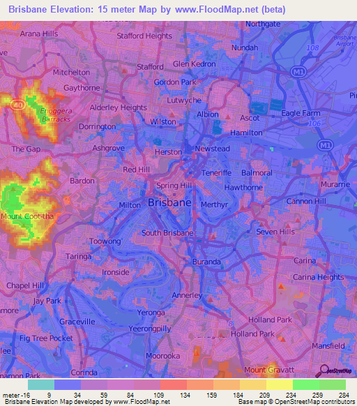 Brisbane,Australia Elevation Map