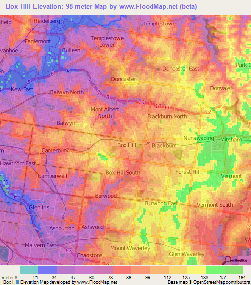 Box Hill,Australia Elevation Map