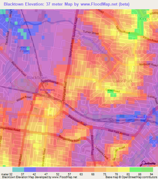 Blacktown,Australia Elevation Map