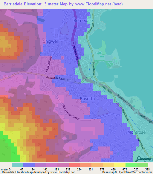 Berriedale,Australia Elevation Map