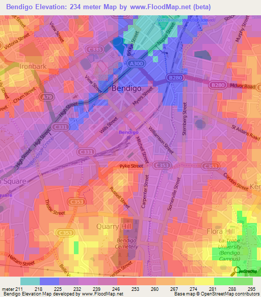 Bendigo,Australia Elevation Map