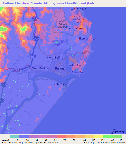 Ballina,Australia Elevation Map