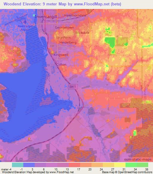 Woodend,New Zealand Elevation Map