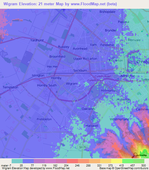 Wigram,New Zealand Elevation Map