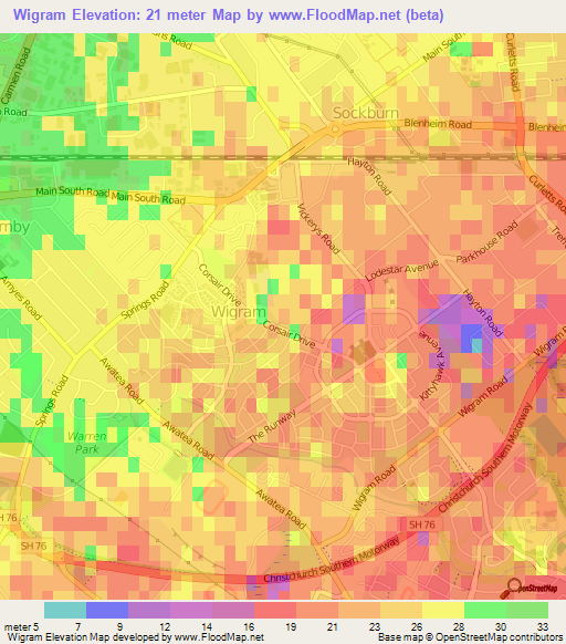 Wigram,New Zealand Elevation Map
