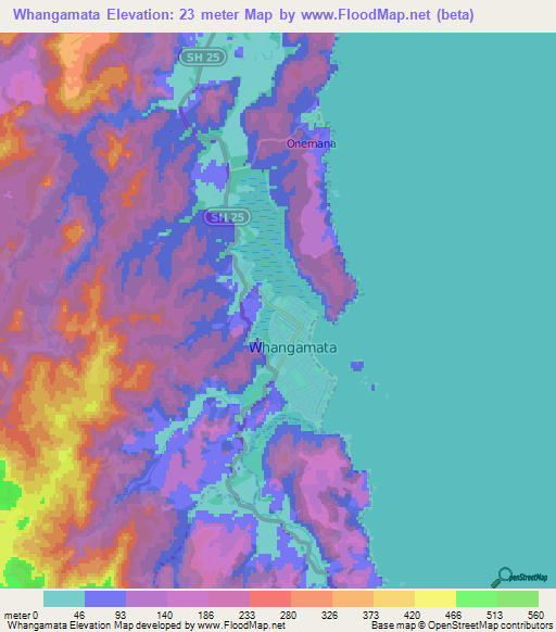 Whangamata,New Zealand Elevation Map