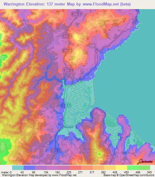 Warrington,New Zealand Elevation Map