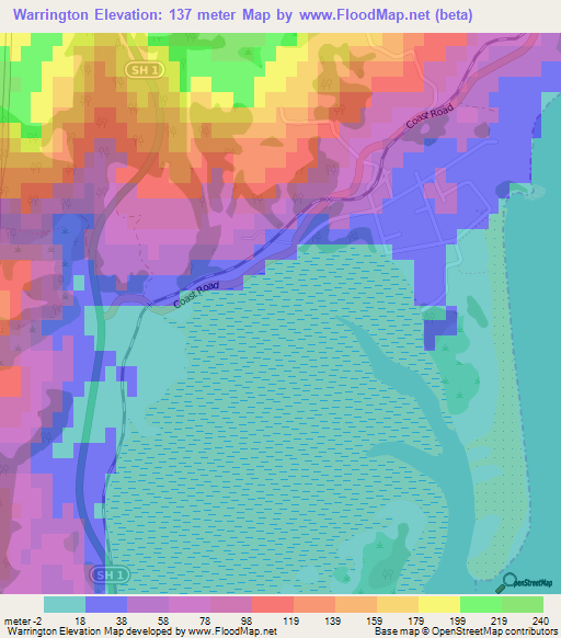 Warrington,New Zealand Elevation Map