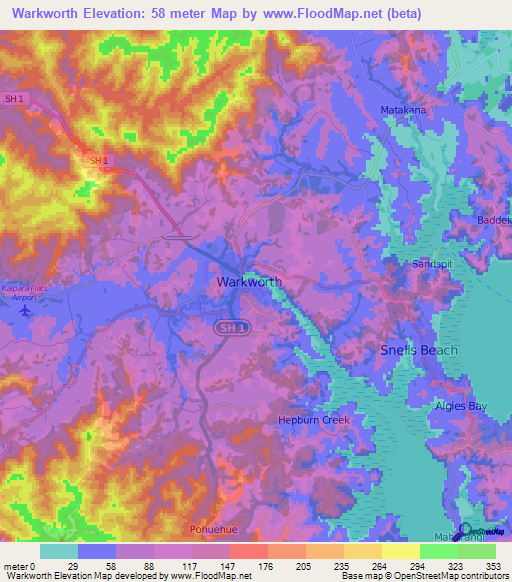 Warkworth,New Zealand Elevation Map