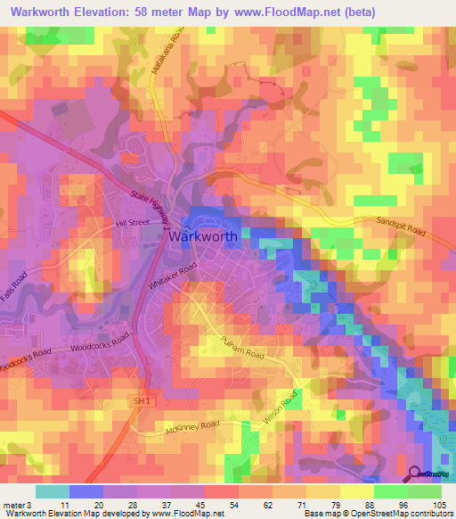 Warkworth,New Zealand Elevation Map