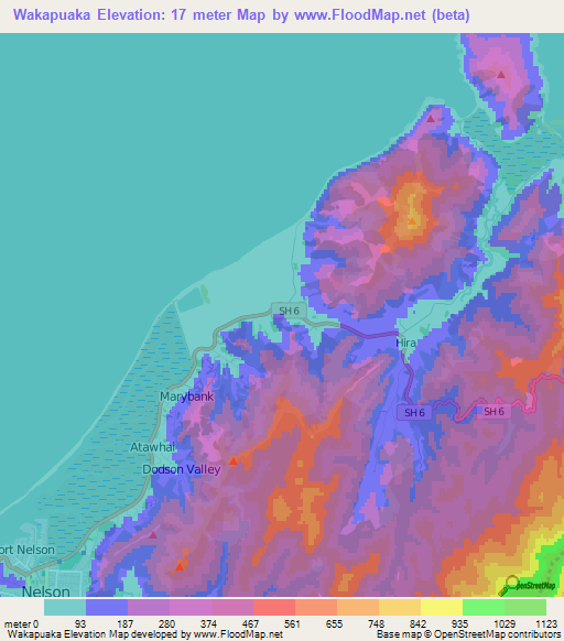 Wakapuaka,New Zealand Elevation Map