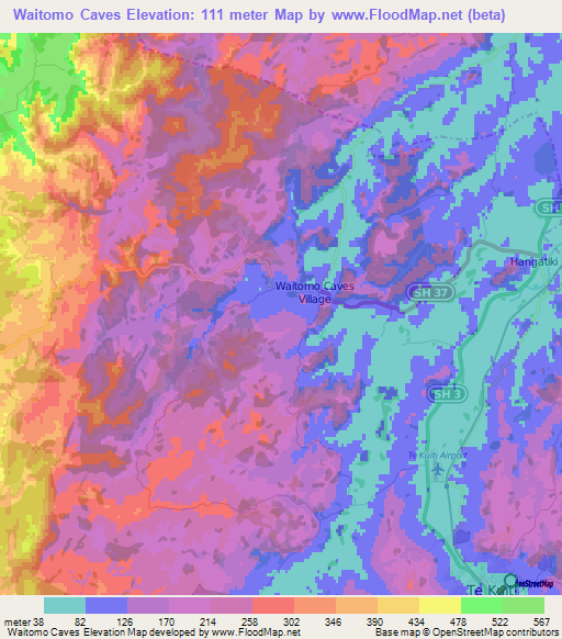 Waitomo Caves,New Zealand Elevation Map