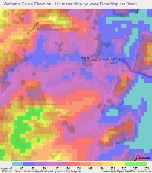 Waitomo Caves,New Zealand Elevation Map