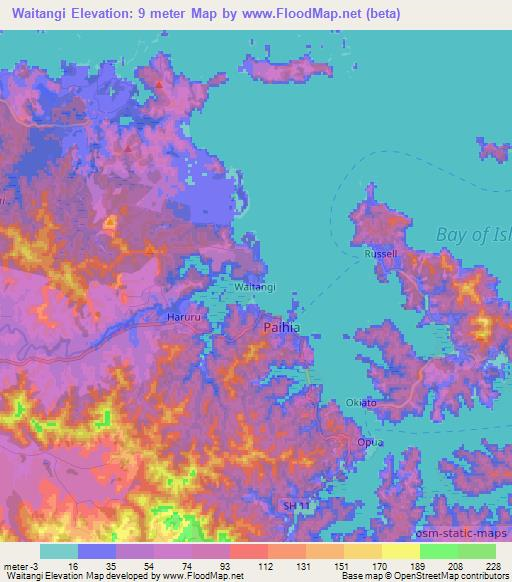 Waitangi,New Zealand Elevation Map