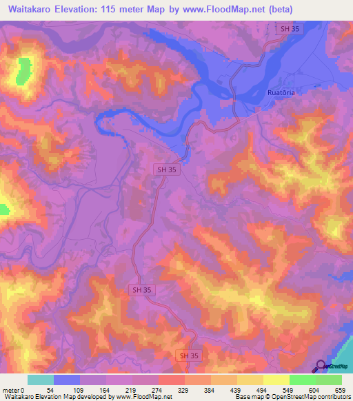 Waitakaro,New Zealand Elevation Map