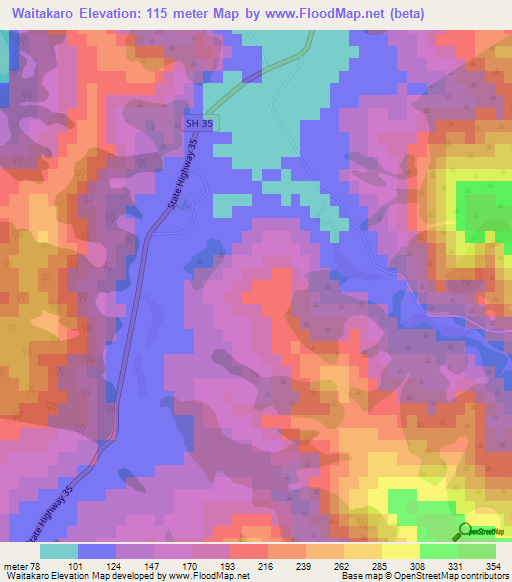 Waitakaro,New Zealand Elevation Map