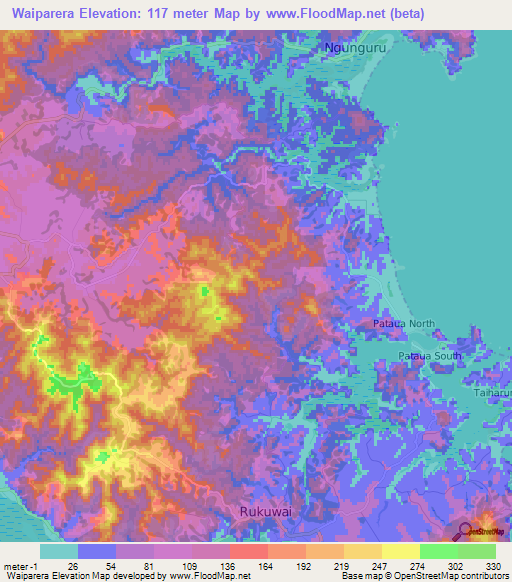 Waiparera,New Zealand Elevation Map