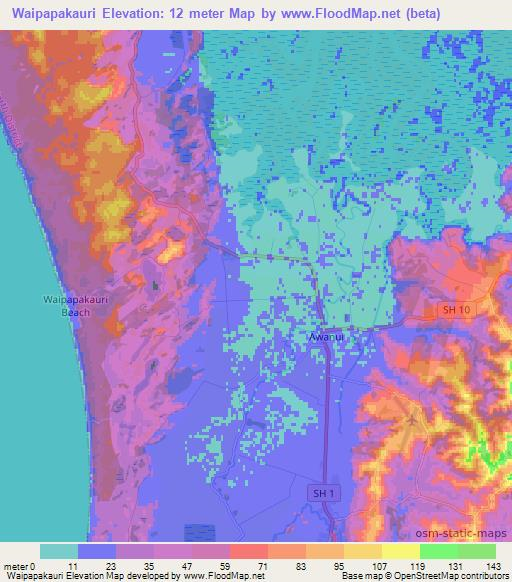 Waipapakauri,New Zealand Elevation Map